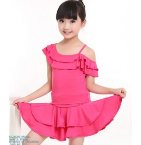 Fuchsia hot pink black turquoise blue girls toddlers short sleeves  kids child children gymnastics practice latin salsa dance split set dresses cotumes